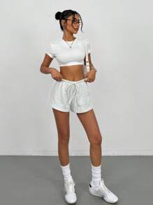 SHEIN PETITE Summer Casual Solid Color Drawstring Waist Shorts - Light Grey - View 8