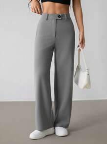 SHEIN PETITE Women's Grey Polyester Casual Long Pants With Zipper Detail - Grey - View 4