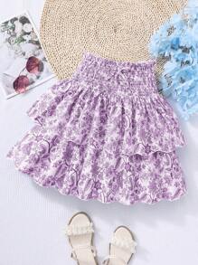 Tween Girl 优雅碎花喇叭裙，松紧腰身，度假风格