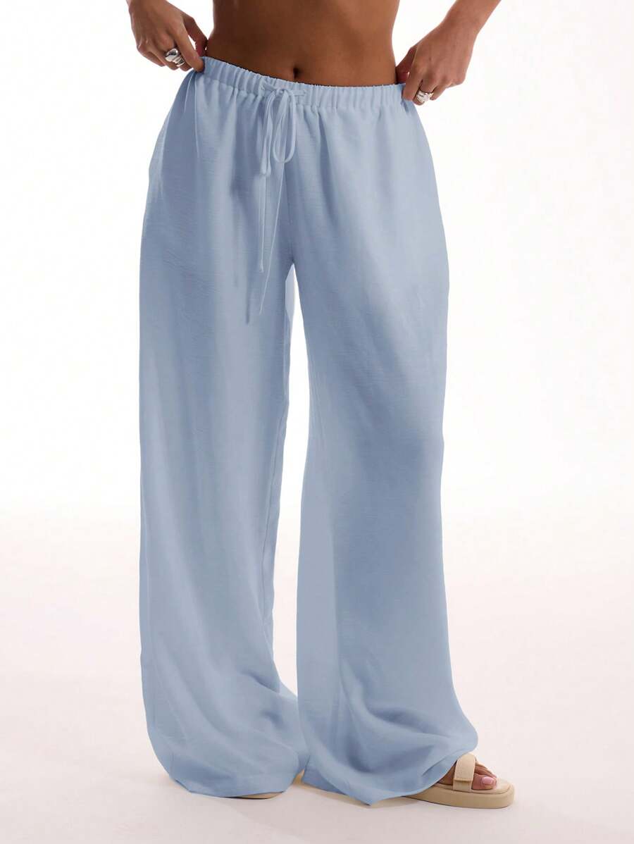 MUSERA Holiday Textured Linen Feel Tie Waist Trousers Ibiza Boho Fits For Summer Rave Festival Airport Spring Casual Vacation - Blue - View 1
