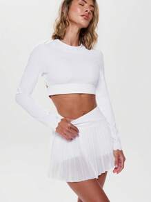 Musera Sport Open Back Scalloped Edge Long Sleeve Crop Top Active Workout Gym ,Padel Tennis Racquetball Pickleball Gym Fitness - White - View 1