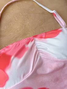 SHEIN 少女节日风大碎花印花不对称下摆挂脖蝴蝶结可爱午餐裙花裙，适合春夏季，时尚秋冬内搭 - 彩色 - 查看 5