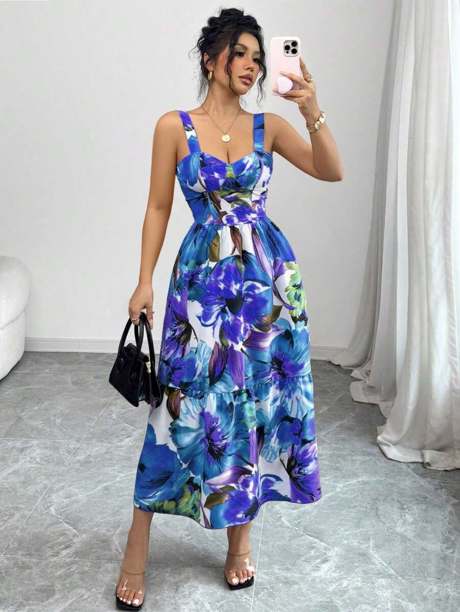 Rafferiza Women's Floral Print Elegant Spaghetti Strap Dress, Vacation Style - Blue - View 1