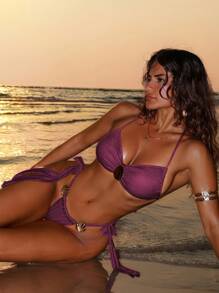 Swim SXY Women's Solid Shiny Metallic Shell Detail Halter Neck Sexy 2 Pieces Bikini Swimwear, Summer Beach Outfits - Violet Purple - View 8