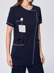 Scrubzie Camice da infermiera donna con scollo asimmetrico e tessuto a contrasto di colore, a maniche corte
