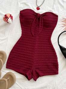 Soleia 女士春夏度假酒红色纹理针织前系带抹胸连体裤，性感浪漫派对约会之夜情人节假期海滩巡游下午茶 - 酒紅色 - 查看 3