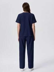 Scrubzie 2 pezzi/set maglietta donna a maniche corte scollo a V con colori a contrasto e pantaloni comodi/uniforme infermiera