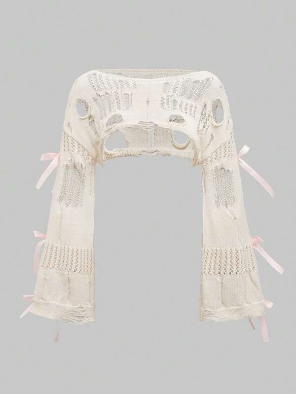 ROMWE Kawaii Süß niedliche Schleife Glockenärmel Ausschnitt Design kurzes transparentes gestricktes Top, Große Größen