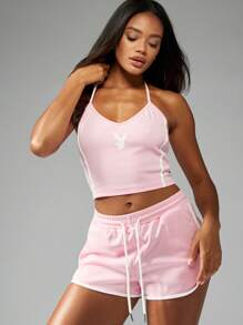 Missguided x Playboy Top corto de entrenamiento con cuello de halter y logotipo distintivo, estilo de sujetador deportivo atlético, top sin mangas de verano, ropa de ocio deportivo, atuendo de entrenamiento de estilo Y2K, ropa de estar en casa