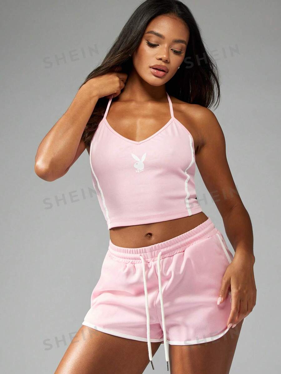 Missguided x Playboy Top corto de entrenamiento con cuello de halter y logotipo distintivo, estilo de sujetador deportivo atlético, top sin mangas de verano, ropa de ocio deportivo, atuendo de entrenamiento de estilo Y2K, ropa de estar en casa
