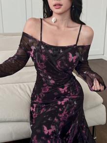 Modelyn Damen langes Mesh-Schmetterling romantisches figurbetontes Fischschwanz-Kleid - Pink - Übersicht 4