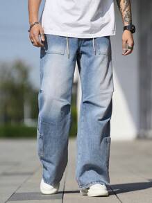 Manfinity Homme Men's Drawstring Waist Pockets Pleated Wide Leg Loose Casual Jeans - Light Wash - View 4