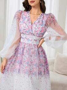Modelyn Women V-Neck Long Sleeve Printed Elegant Simple Arabian Dress - Multicolor - View 5