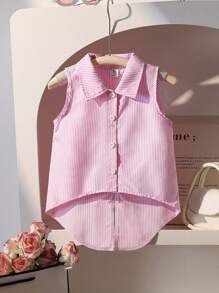 SHEIN Elladie kids Young Girls'Woven Striped Pastel Pink Sleeveless Asymmetric Blouse With Bowknot Back,Summer School Casual Outing Versatile Item Summer - Pink - View 2
