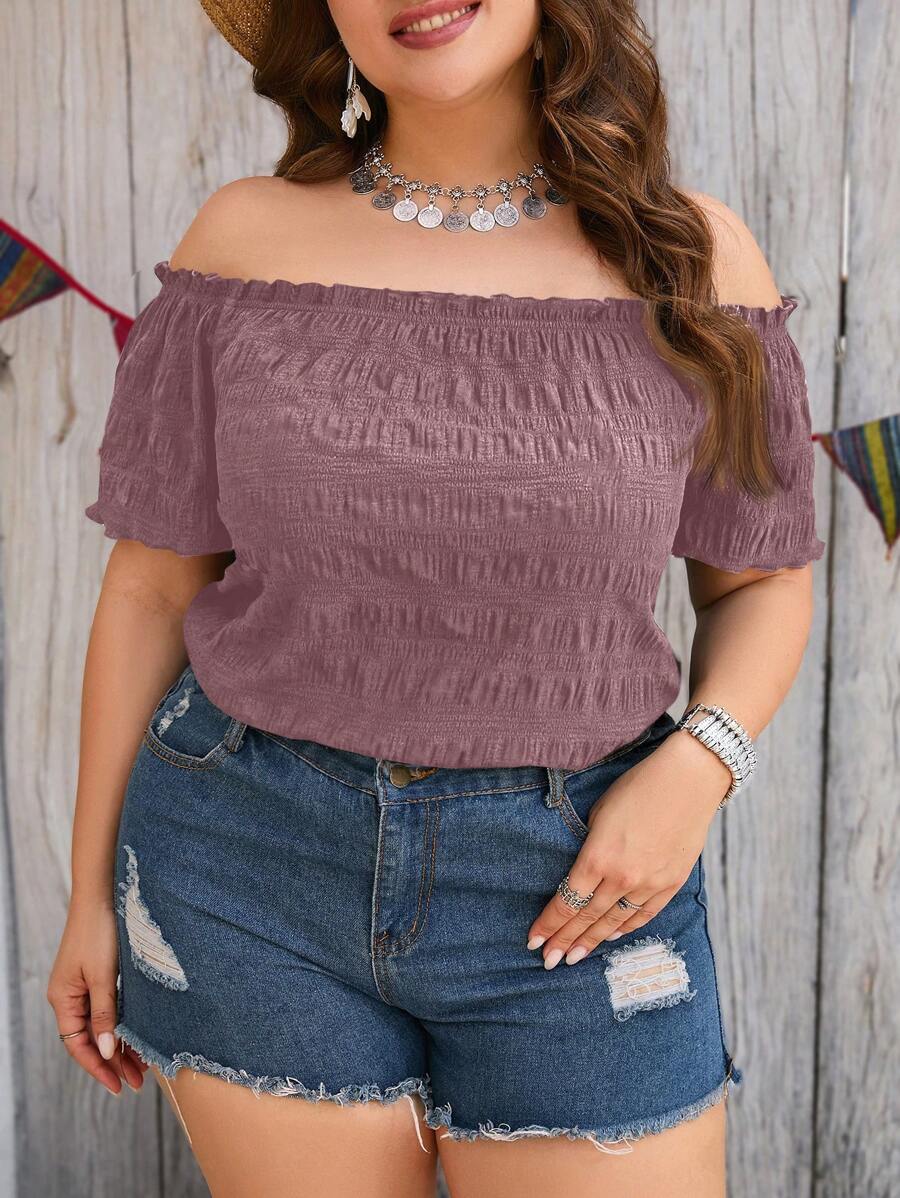 SHEIN Clasi Plus Size Women Holiday Solid Color Ruffle Off Shoulder Short Sleeve Fashion Blouse - Dusty Purple - View 1