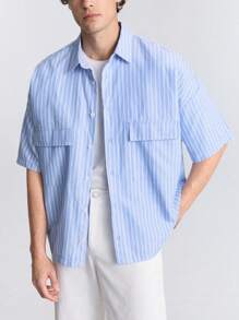 Ontre 2025 Spring/Summer Front Button Short Sleeve Pocket Striped Casual Shirt, Versatile, Breathable, Soft, Contrasting Stripes, Sunny Stylish - Baby Blue - View 7