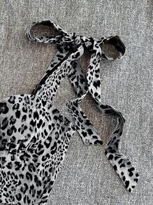 SHEIN VCAY 女式编织豹纹短款系带修身吊带背心 - 黑色 - 查看 5