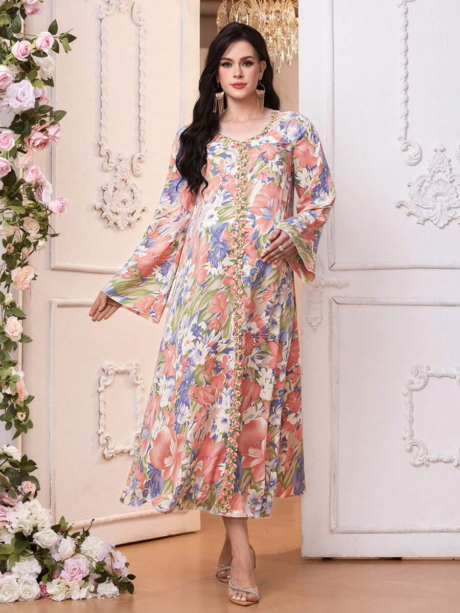 SHEIN 孕妇优雅花卉印花喇叭袖孕妇装 - 彩色 - 查看 1