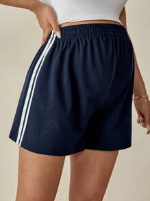 SHEIN Comfortable Cotton Maternity Mini Shorts: Navy Blue Knitted Casual Shorts With Side Stripes For Everyday Wear - Navy Blue - View 4