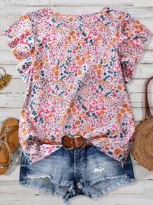 Linhara 大码碎花宽松雪纺衬衫，飘袖，休闲度假风格 - 粉色 - 查看 2