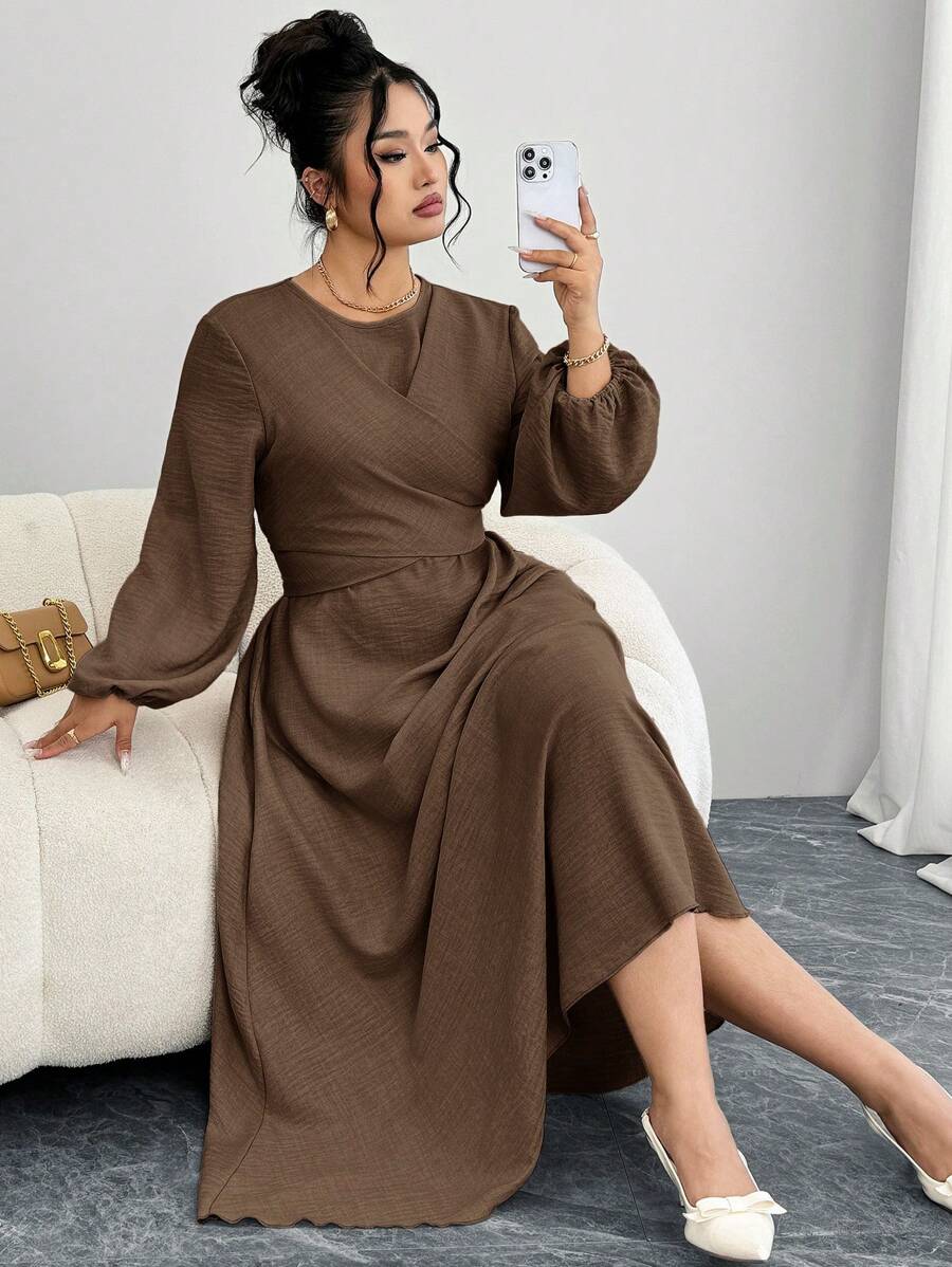 Modelyn Plus Size Solid Color Long Sleeve Dress, Fashionable For Summer - Coffee Brown - View 1