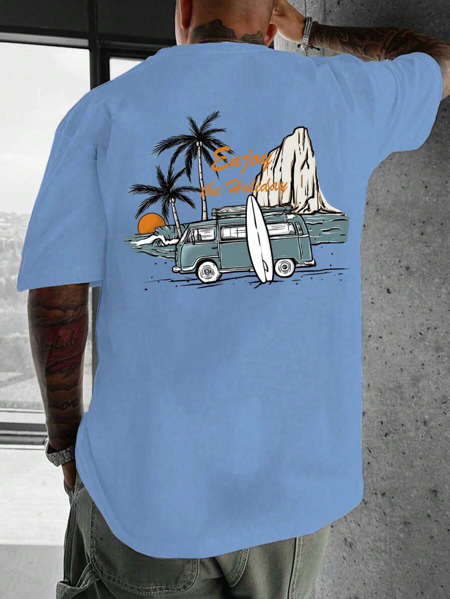 Manfinity RSRT Plus Size Men Short Sleeve Letter & Palm Tree Print Fitted T-Shirt, Men Vacation Tops - Baby Blue - View 1