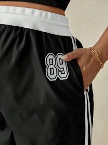 SHEIN Pantaloni casual da donna in gravidanza, con vita con lacci regolabili, a patchwork e righe laterali