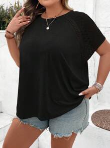 SHEIN CURVE+ Plus Size Color Block Lace Splicing Short Sleeve T-Shirt, Suitable For Vacation, Beach, Summer - Black - View 7