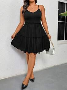 SHEIN Privé Plus Size Women's Elegant Floral Print Ruffle Loose Camisole Dress, Suitable For Vacation Beach Wear, Spring And Summer Wear Mini Skirt; Black Refreshing Soft Cake Skirt; Hepburn Style Short; Graduation Season Party; Valentine's Day/Concert Performance Costumes/Dating/High-End Banquets/Dances/Wedding Season/Sexy/Elegant/Commuting/Back To School Season/Vacation/Seaside/Elegant Romance/Office Homegirl/Sea Breeze/Birthday Party - Black - View 6