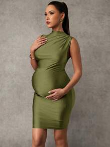 MaterniChic Vestido de maternidade sem mangas com zíper frontal de cor sólida, moderno para o verão - Verde de Exercício - Ver 1