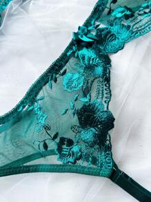 SHEIN Esselle Bộ đồ lót gợi cảm 5 món cỡ lớn ren màu trơn trang trí nơ - Màu xanh lá cây đậm - Xem 3