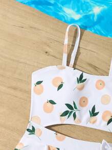 SHEIN Tween Girl Cute  Fruit Print Ruffled One-Piece Swimsuit, Suitable For Summer Beach Vacation, Swimming, Travel Summer Holiday - Multicolor - View 4