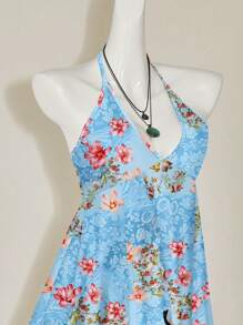SHEIN ICON 休闲简约花卉全印花度假风格女式背心，适合夏季 - 藍色 - 查看 3