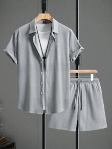 Manfinity Homme 2pcs Men's Summer Casual Solid Color Front Button Short Sleeve Shirt And Shorts Set - Grey - View 5