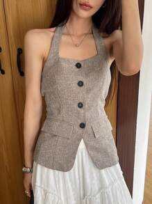 DAZY 女士夏季法式露背吊带无袖开衫外套，女士西装外套商务装