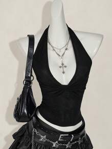 SHEIN ICON 女士休闲深 V 领扭结背心 - 黑色 - 查看 3