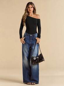 SHEIN BAE Body asimmetrico nero per donne, con scollo alto e taglio traforato, sexy, body nero, per primavera/estate