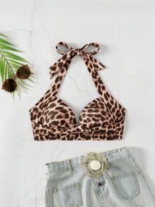 Swim Vcay 2025 Leopard Print Halter Neck Swimsuit Top For Summer Beach Vacation - Multicolor - View 3