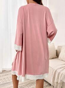 Slowluna 2 pièces Ensemble de veste à patchwork en dentelle bicolore et robe-débardeur rayée pour femmes enceintes - Rose bonbon - Voir 2