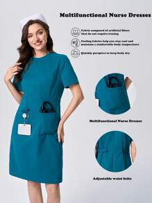 Scrubzie Women Crew Neck Short Sleeve Maxi Nurse Dress For Summer - Blue - View 1