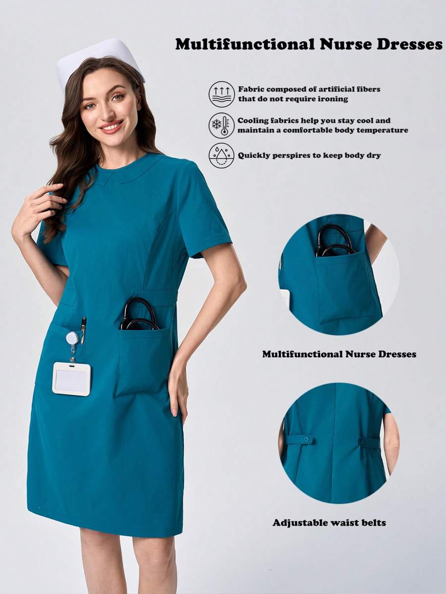 Scrubzie Women Crew Neck Short Sleeve Maxi Nurse Dress For Summer - Blue - View 1