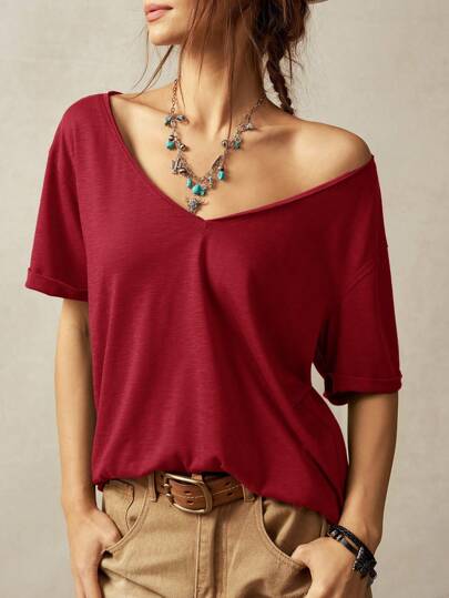 Bohemela Camiseta de cuello en V de unicolor casual talla grande, verano