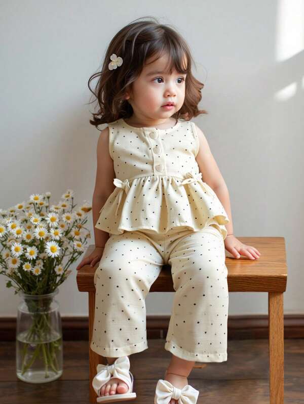 SHEIN LMoss Kids Babygirl Casual Cute Summer Polka Dot Sleeveless Top And Elastic Waist Pants Set