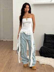 Coolane Women's Summer/Spring Y2K Graphics Contrast Lace Sport Tube Ruffle Mini Skirts,Tube Top - White - View 5