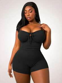 SHEIN SXY Plus Size Women's Simple Solid Color Drawstring Bodycon Slim Fit Jumpsuit For Everyday Wear Halloween Plus Size Black - Black - View 1