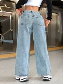 SHEIN PETITE Quần Jeans Ống Rộng Túi Rộng Thường Ngày Cho Nữ - Màu xanh lam - Xem 2