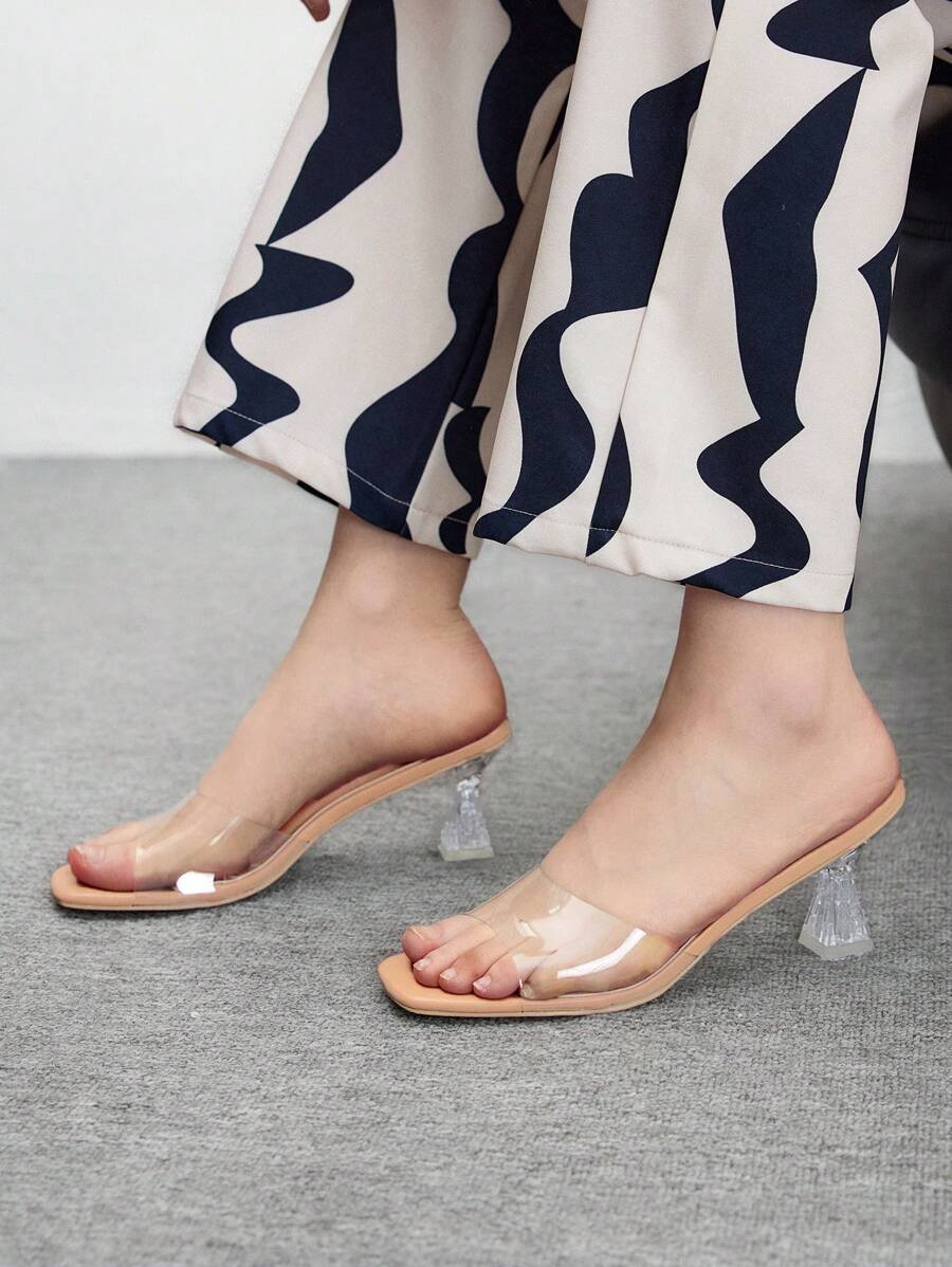 CUCCOO SZL Women's Fashionable Apricot Sexy Transparent TPU Comfortable Crystal Thick Heel Square Toe Sandals, Suitable For Commuting, Dating, Party, Wedding, Holiday And Various Occasions