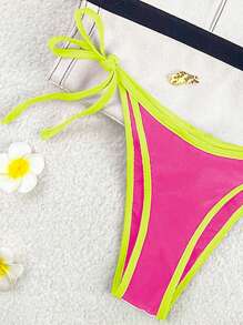 Swim Mod Conjunto de bikini de 2 piezas, con top de tirantes finos y cuello halter en bloques de color, corte regular, set de bikini de temporada para mujer con shorts de nado con lazos laterales