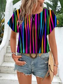 EMERY ROSE Casual Simple Colorful Stripe Print Loose Round Neck Short Sleeve Plus Size Shirt, Suitable For Summer Chic Blouses For Women - Multicolor - View 4