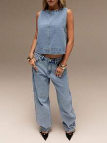 SHEIN Forever 21 Xuân Hè Nữ Lãng mạn/Dạ hội/Trang trọng/Sinh nhật/Thập niên 90/Quần áo công sở nữ/Thanh lịch/Sinh nhật/Dạo phố Thu Đông Nữ Trang trọng/Trở lại trường/Halloween/Khách dự tiệc cưới/Kỳ nghỉ/Y2K/Bãi biển/Dễ thương/Giáo viên/Đi chơi/Quần áo công sở/Trường học/Sinh nhật/Văn phòng/Hòa nhạc đồng quê/Câu lạc bộ Gợi cảm/Áo denim ngắn - Màu xanh lam - Xem 4